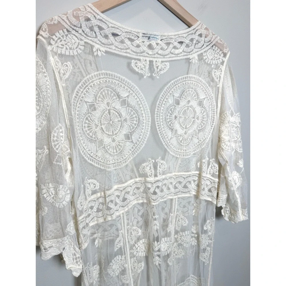 Rebellion Again Long Sheer Duster Cardigan Lace Crochet Romantic White Cream L‎